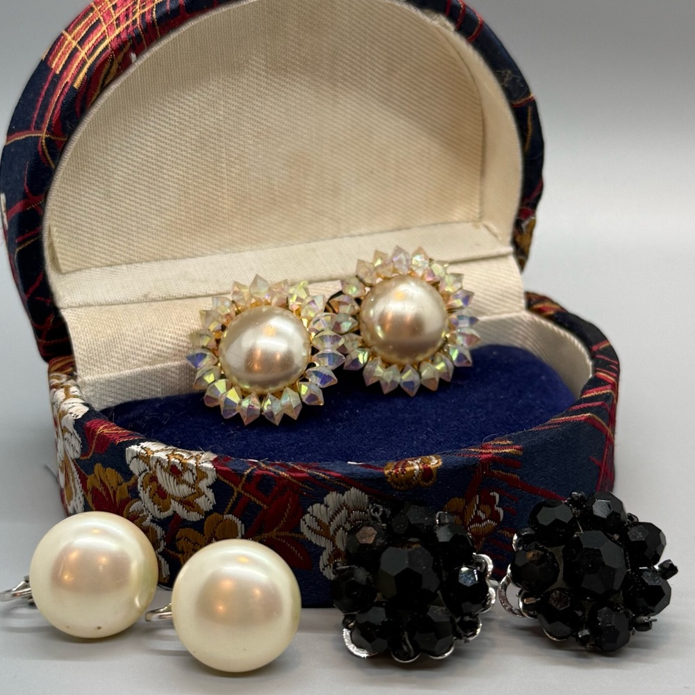 Marvella Vintage Clip-On Earring Set - 3 Pairs Faux Pearl & Black Beads